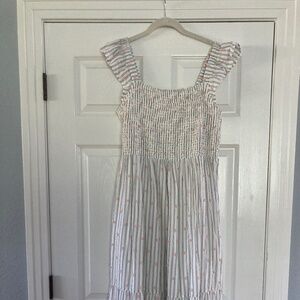 LOFT Clip Stripe Smocked Ruffle Midi Dress Sleeveless White L